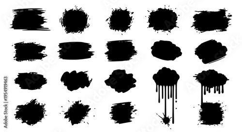 Brushstrokes set with black ink splatters and smudges, various shapes and textures for artistic effects