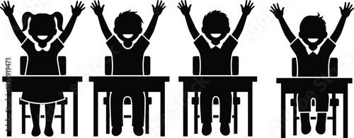children, classroom, silhouette, students, raising, hands, school, education, learning, kids, vector, illustration, black, white, desk, happy, participation, teaching, activity, icon