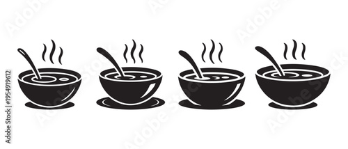 Hot soup bowls with spoons icon set, minimalist black and white vector illustration showing steaming food.