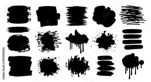 Brushstrokes black grunge set with ink splatters and textured effects on white background featuring brush marks, strokes, artistic with abstract and