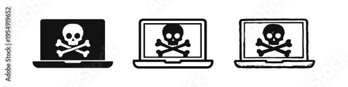 Laptop Virus Alert Icon Set. Computer Malware and Cyber Attack Symbol.