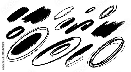 Brush stroke circles set with black grunge rings and ovals, hand drawn vector illustration featuring white, abstract, shapes with artistic and design