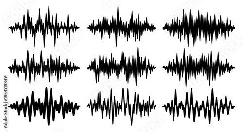 Sound waves black vector set with various signal patterns and noise textures on white background featuring soundwave, waveform, audio waveform with