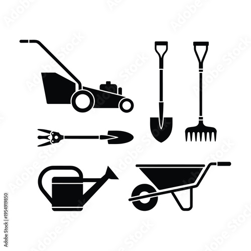Garden tools set including lawnmower shovels rake wheelbarrow and watering can