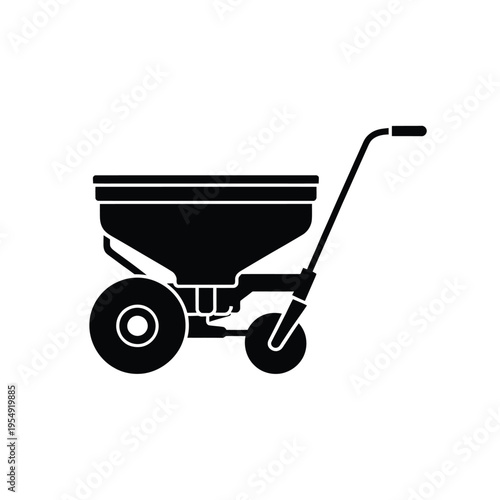 Simple black silhouette of a wheeled fertilizer spreader for lawn care
