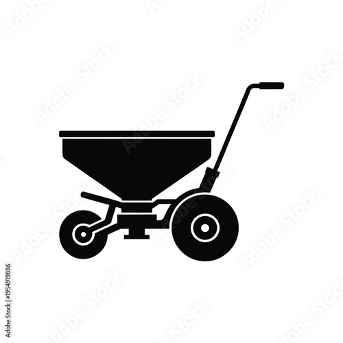Simple black silhouette of a wheeled fertilizer or seed spreader