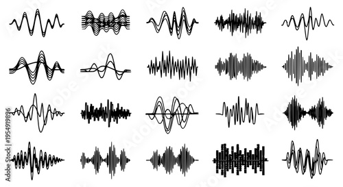 Waves sound vector set with black squiggly lines and signal fluctuations on white background, audio waveform graphics