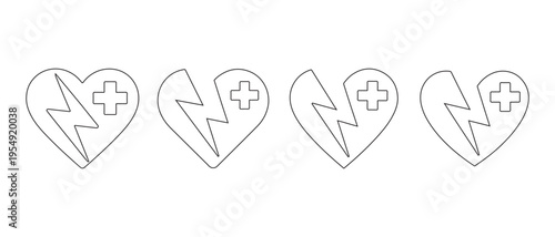 Intact and broken heart outline icons. with lightning bolt and medical cross symbols on a white background.