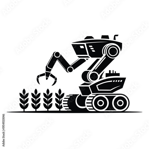 Black and white illustration of a robotic harvester in a field