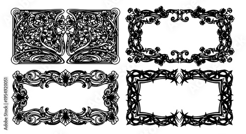 Frames ornate set with black floral designs and empty spaces for text or images featuring decorative borders, graphic resources, design elements with