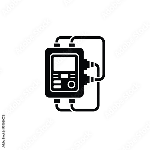 Simple black silhouette of an infusion pump with tubing connections