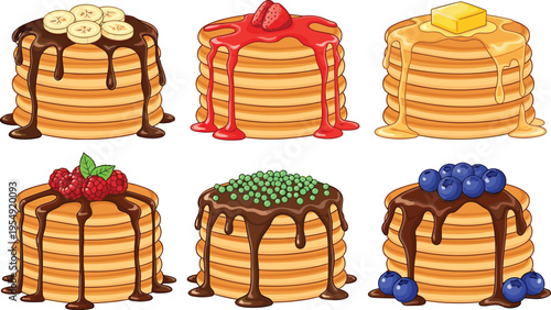 Pancake stacks with banana strawberry butter chocolate and blueberry toppings sweet breakfast dessert illustration set