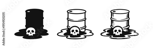 Toxic Waste Barrel Icon Set: Environmental Pollution and Hazard Symbolism