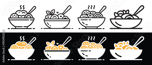 Collection of Diverse Food Bowls. Minimalist Line Art and Warm-Colored Icons on Contrasting Backgrounds.