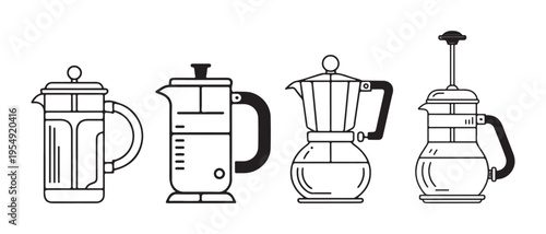 Coffee Makers and Brewers Collection. Line Art Vector Icons of French Press, Moka Pot, and Electric Pot on White Background.