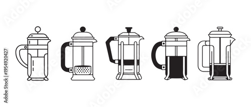 Collection of minimalist black and white line art French press coffee makers on white, depicting various brewing stages.