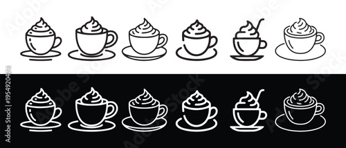 Line art coffee cups with whipped cream icons. Minimalist beverage set on black and white backgrounds.