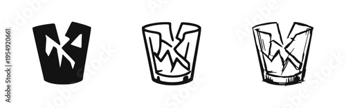 Cracked Glass Icons Set, Damaged Breakable Cup Warning Symbols