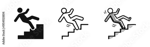 Falling Down Stairs Accident Icons Set, Risk of Fall on Steps Warning Symbols