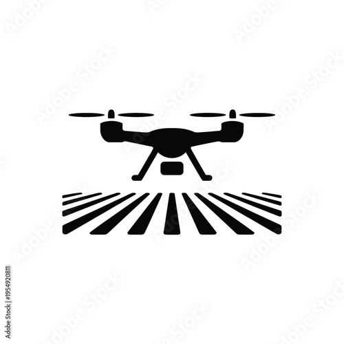 Black silhouette of a drone hovering above a striped surface