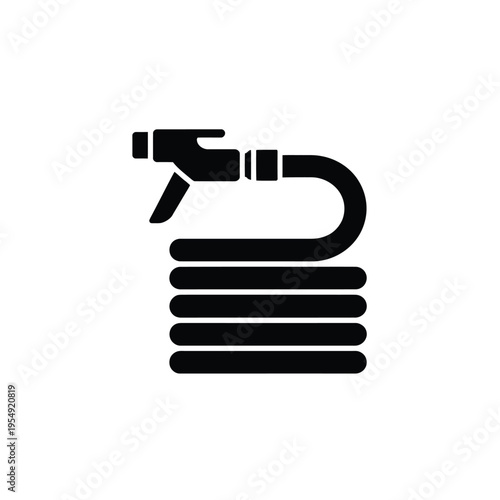 Black silhouette of a coiled garden hose with a spray nozzle