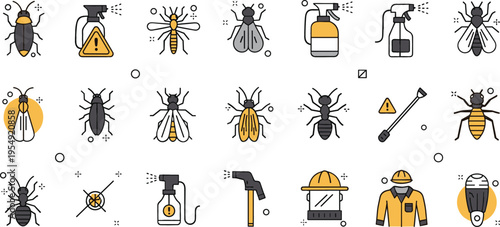 Pest control icons set with insects and extermination tools, bug spray and protection equipment collection vector illustration