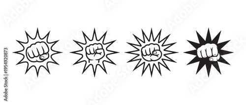 Punching Fist Icons with Starburst Effect, Black and White Graphic Design Element Symbolizing Impact, Power, and Strength.