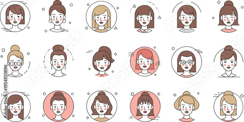 Women avatar icons set with different hairstyles and face styles, female profile portraits collection in flat line vector illustration