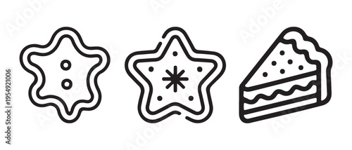 Minimalist Black Outline Icons. Festive Star Cookies and Pie Slice for Holiday Baking and Sweet Dessert Themes.