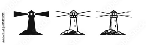Lighthouse icon set in silhouette, outline, and hand-drawn styles, symbolizing guidance, safety, and coastal navigation.