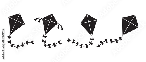 Minimalist Black Flying Kites Icon Set. on White Background, Simple Graphic Vector Illustration.