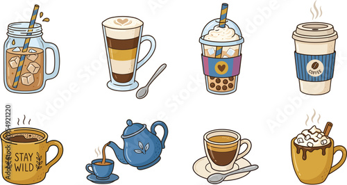 Collection of various hot and cold coffee and tea drinks in different cups and mugs with creative designs and accessories