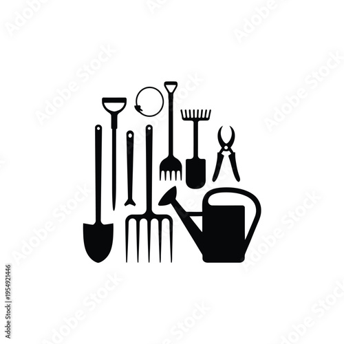 Black silhouette icons depicting various gardening tools and a watering can
