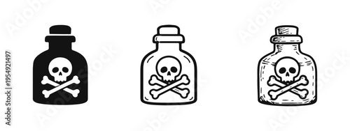 Poison Bottle with Skull and Crossbones Icons. Danger Toxic Chemical Symbol Set in Vector and Sketch Style.