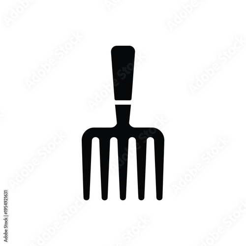 Simple black silhouette of a garden fork on a white background
