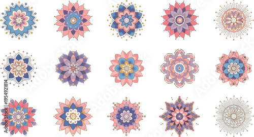 Colorful mandala ornaments set with decorative floral patterns, boho geometric circle designs collection for meditation yoga vector illustration