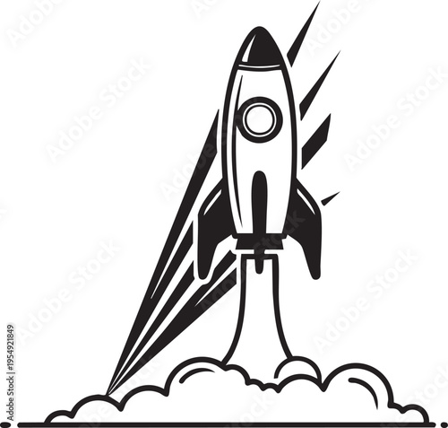 Vector illustration of a stylized rocket launching upwards with smoke and speed lines