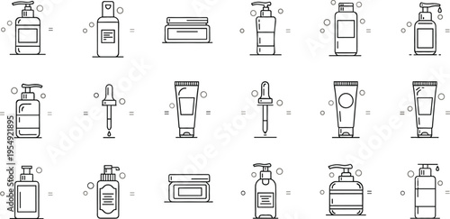Skincare product line icons set with bottles tubes jars and droppers, minimal cosmetic packaging collection vector illustration