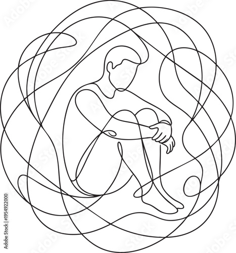 Abstract illustration of a person sitting in a fetal position, confined within swirling lines