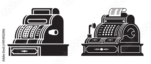 Classic Vintage Cash Registers Black Silhouette Icons Isolated on White Background for Business and Commerce.