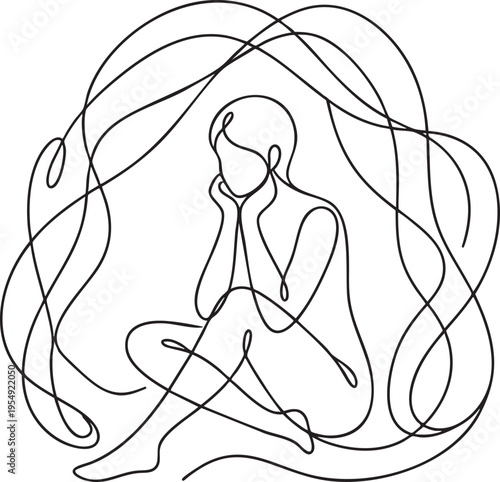 Continuous line art illustration of a person sitting with thoughts and abstract swirling hair e