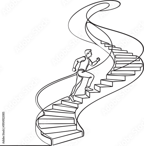 Continuous line drawing of a person running up a spiral staircase with determination and focus.