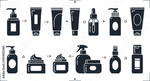 Skincare packaging silhouettes set with bottles tubes jars and pumps, cosmetic product containers collection in black vector illustration