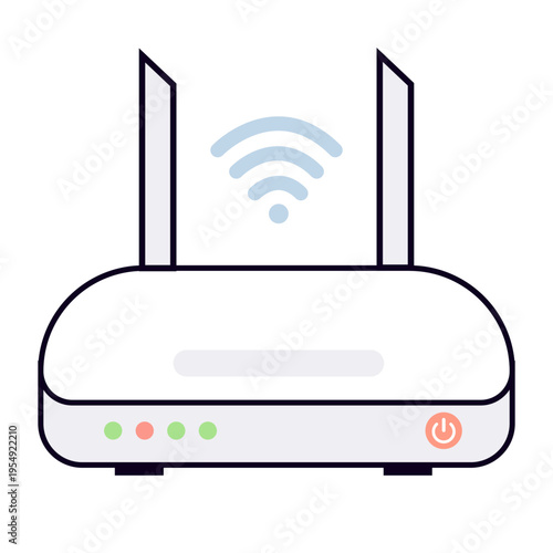 Wireless Wi-Fi router for smart home internet connection. Electronic networking device with antennas, signal icon and power button.