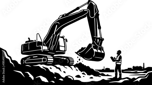 Dynamic Excavator at Work with a Small Worker Silhouette Holding a Clipboard Vector Illustration