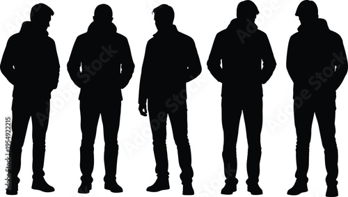 men silhouettes, standing figures, casual outfit, black shadow, human outline, minimal style, isolated background, modern vector, anonymous people illustration