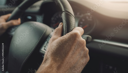 Close up of driver hand with firm grip on perforated leather steering wheel. person driving modern car on journey, feeling focused and in control on road