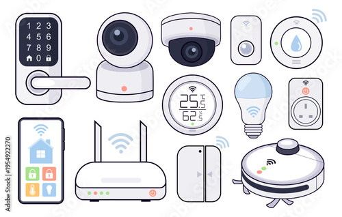 Smart home technology devices set. Modern home automation collection with security camera, smart lock, internet router, robot vacuum and climate control sensors