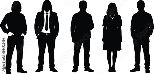 people silhouettes collection, men and woman standing poses, casual and formal outfits, black isolated figures, minimal vector illustration design