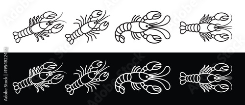 Monochrome Lobster and Crawfish Line Art Icons Set. on Split Black and White Backgrounds, Simple Vector Seafood Design.